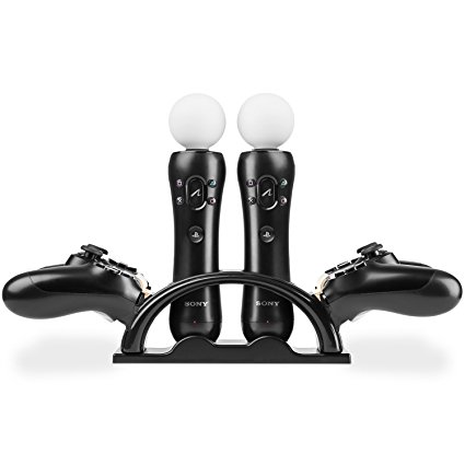 Fosmon 4-in-1 PS4 Charging Station, DualShock and PS Move Motion Controllers Docking Charger Stand with Dual USB Y Cable Splitter for PlayStation 4 - Black