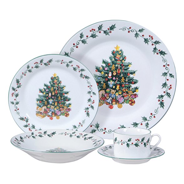 Gibson Home Tree Trimming 20-Piece Ceramic Dinnerware Set, White