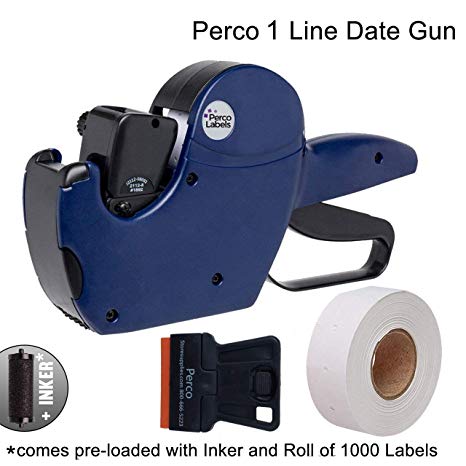 Perco 1 Line Date Gun: 8 Digit 1 Line Date Label Gun Preloaded with Roll of 1000 White Labels, Preloaded Ink Roll
