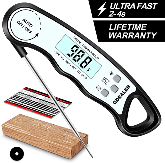 GDEALER DT6 Instant Read Meat Thermometer Waterproof Ultra Fast Digital Cooking Thermometer with Backlight & Calibration Food Thermometer for Kitchen BBQ Grill Smoker Oil Fry (Black White)