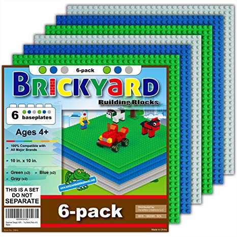Brickyard Building Blocks [Improved Design] 6 Baseplates, 10 x 10 Large Thick Base Plates for Building Bricks by, for Table or Display Compatible Construction Toys (2 Green, 2 Blue, 2 Gray - 6-Pack)
