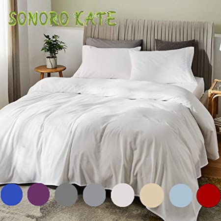 SONORO KATE Bed Sheet Set Bamboo Sheets Deep Pockets 16" Eco Friendly Wrinkle Free Sheets Hypoallergenic Machine Washable Hotel Bedding Silky Soft (White, King)