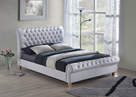 New Luxury Chesterfield 5ft King Size White Leather Sleigh Bed