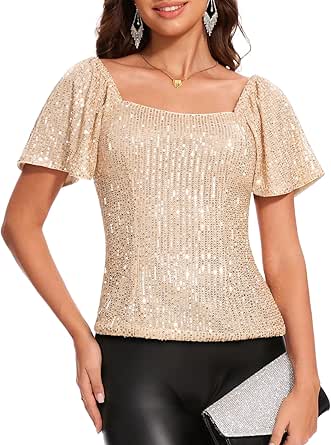 DRESSTELLS Women's Sparkly Sequin Tops Short Sleeve Glitter Dressy Blouses Square Neck Club Ruffle Party Shirts