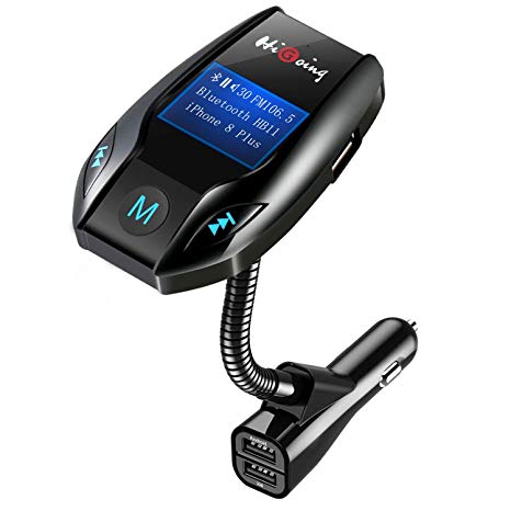 FM Transmitter, HiGoing Bluetooth FM Transmitter 5V / 2.1A Wireless Car Radio Adapter MP3 Player Hands-free Car Kit with Dual Port USB Car Charger with LED Display for iPhone, iPad, iPod, HTC, MP3, MP4 and Most Devices with 3.5mm Audio Jack