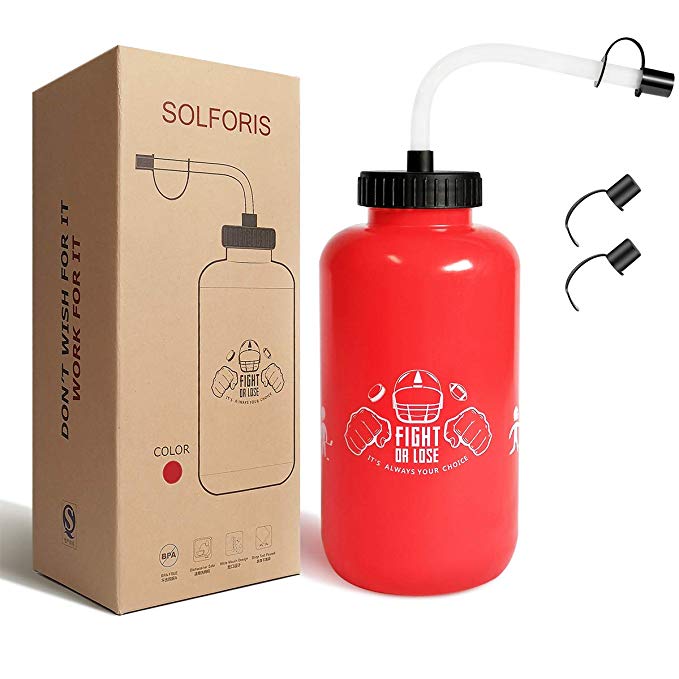 SolForis Hockey Water Bottles with Long Straw, Fit for Football Lacrosse Gym Sport, Plastic Squeezable Leakproof BPA Free, No Strange Smell, Easy to Clean, 1 Liter 32 oz (3 Straw Caps)