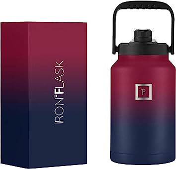 IRON °FLASK Sports Water Bottle - 128 Oz/One Gallon,1 Lid, Vacuum Insulated Stainless Steel, Hot Cold, Modern Double Walled, Simple Thermo Mug, Hydro Metal Canteen Jug Growler