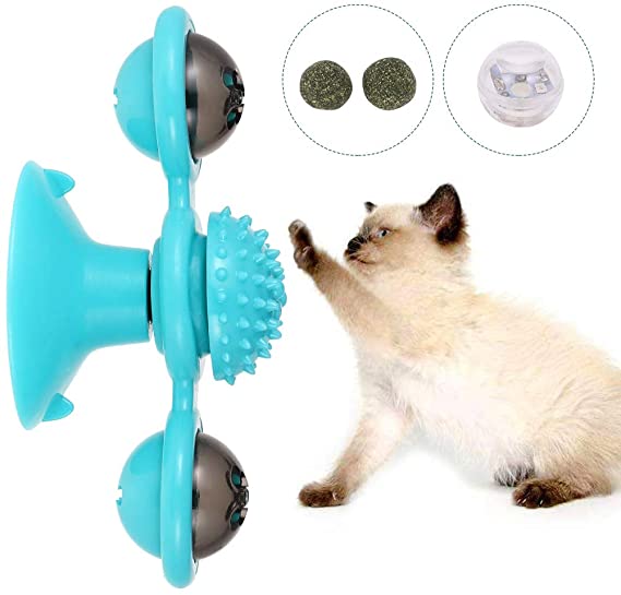 nobrand Windmill Interactive Cat Toy, Turntable Teasing Pet Toy with Catnip and LED Light Durable Cats Teething Toys Spinning Kitten Toys for Indoor Cat (Blue)