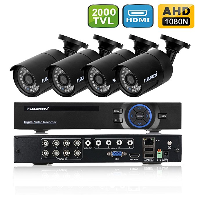 FLOUREON House Camera 8CH 1080N AHD CCTV DVR House Security System   4 X 2000TVL 960P HD Bullet Indoor/Outdoor Camera Surveillance Security for Home/Apartment/Office/Factory/Store (8CH 2000TVL bullet)
