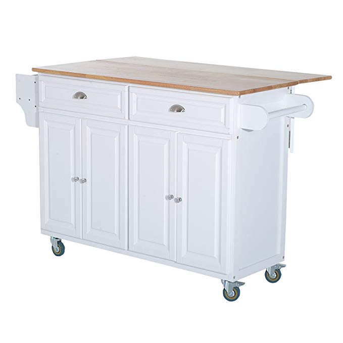 HOMCOM Wooden Top Drop-Leaf Rolling Kitchen Island Table Cart Storage Cabinets - White