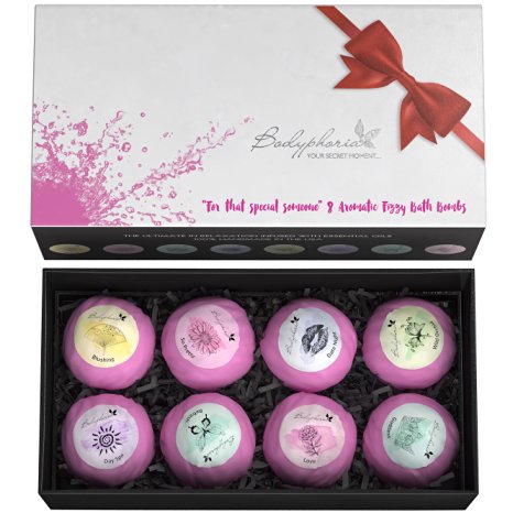 Luxurious 100% Natural 8x Bath Bomb Gift Box - Large 3.5oz Size - Pure Essential Oils for the Best Lush, Relaxing Bath. For Women & Men, Bodyphoria Fizzies Make the Perfect Special Day Set