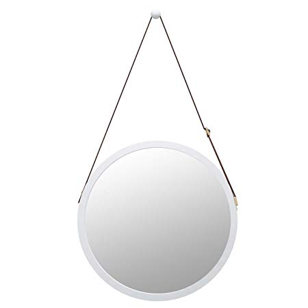 Domax Bathroom Mirror Wall Mount - 15 inch Bamboo Frame Hanging Strap Round Bedroom Dressing Mirror Hook Offered Natural Rustic (White, 14.96''x14.96''x0.59'')