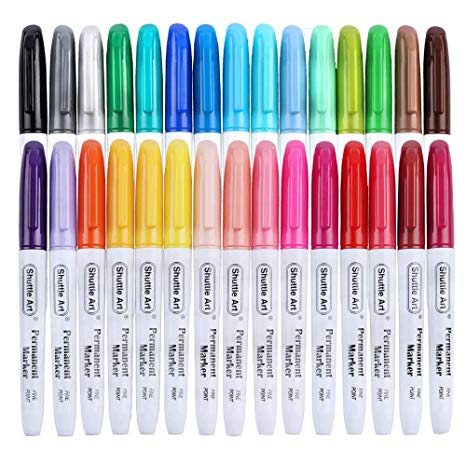 30 Colors Permanent Markers, Fine Point, Assorted Colors, Works on Plastic,Wood,Stone,Metal and Glass for Doodling, Coloring, Marking by Shuttle Art