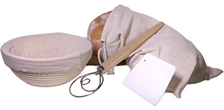 Banneton Bakers Set (4 pieces) - 8.66" Banneton Rattan Proofing Basket with Liner, Danish Dough Whisk, Dough Scraper, Linen Bread Bag, Perfect Starter Kit for Artisan Bread