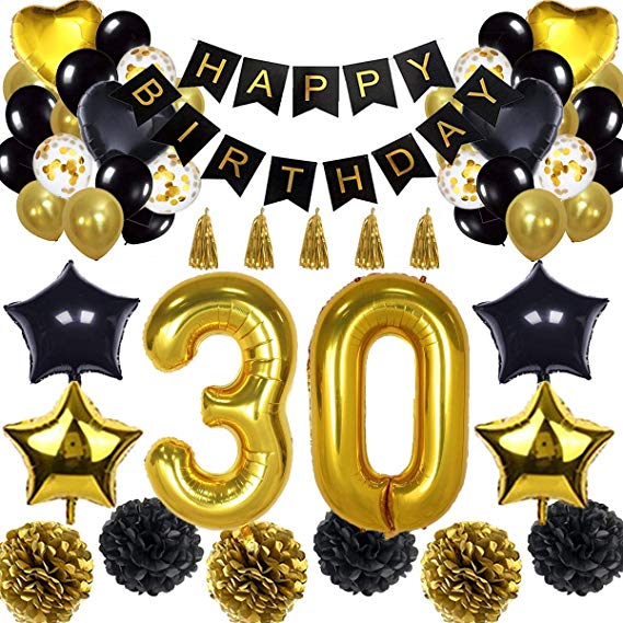 30th Birthday Decorations Balloon Banner - Happy Birthday Banner, 30th Gold Number Balloons, Black and Gold, Number 30 Birthday Balloons, 30 Years Old Birthday Decoration Supplies