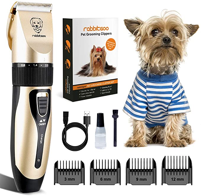 rabbitgoo Dog Grooming Clippers, Rechargeable Pet Hair Trimmer Set, Professional Electric Shaver Hair Remover Kit with 4 Guide Combs Low Noise Cordless Accessories for Pets/Dogs/Cats/Rabbits