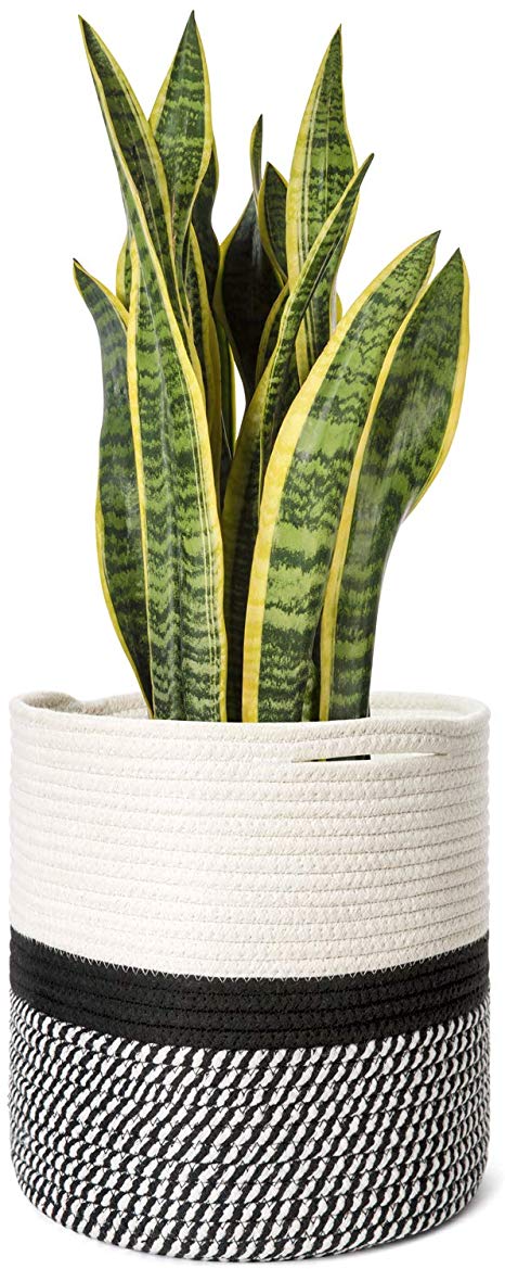 Mkono Cotton Rope Plant Basket Modern Indoor Planter Cover Up to 10 Inch Flower Pot Woven Storage Organizer with Handles Decorative Home Decor, 11" x 11"