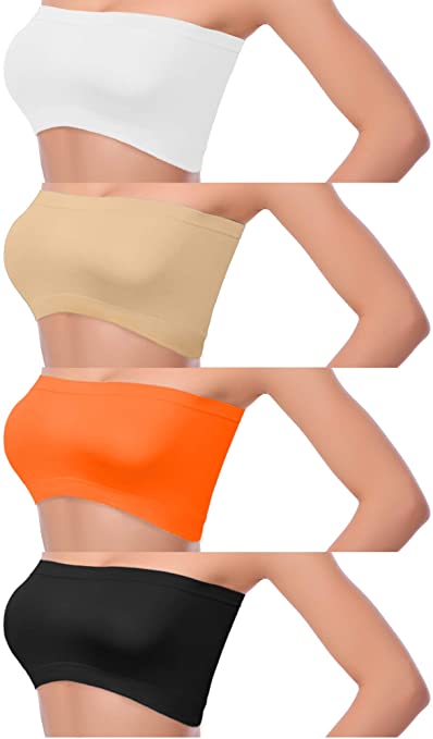 Coobey 4 Pack Women Tube Tops Summer Non-Padded Seamless Bra, 4 Colors