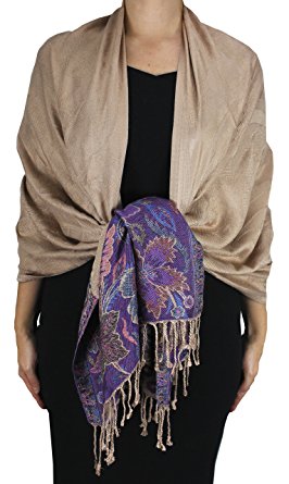 Peach Couture Exclusive Paisley Floral Border Reversible Pashmina Wrap Shawl