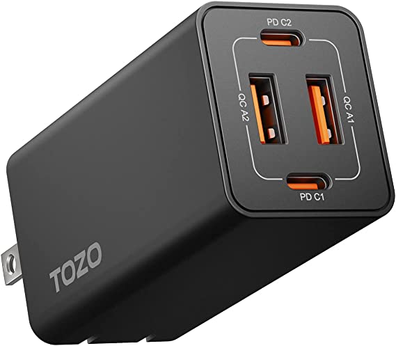 TOZO C2 USB C 65W Fast Foldable Wall Charger PD Power Adapter 4 Ports Compatible with MacBook Pro/Air, iPad Pro, USB-C Laptops, iPhone 14/13/12/Pro/Pro Max, Samsung S22/21, Black(Cable not Included)