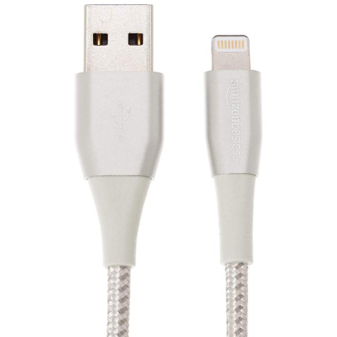 AmazonBasics Double Nylon Braided USB A Cable with Lightning Connector, Premium Collection - 6-Foot, Silver
