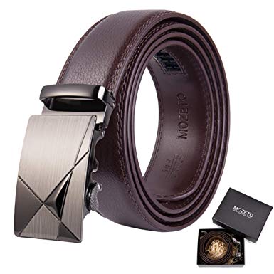 MOZETO Men's Belt, Genuine Leather Ratchet Dress Belt for Men, Automatic Sliding Buckle, Anti-peeling Leather Gift Box