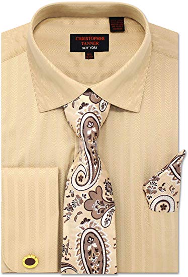 Christopher Tanner Men's Solid Striped Herringbone Striped Pattern Regular Fit Dress Shirts with Tie Hanky Cufflinks Combo