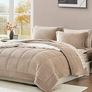 Luxury Full Size Comforter Sets Plush, Light Taupe 7 Piece Plush Flannel Full Size Bedding Sets, Soft Warm Plush Comforters, Bed in A Bag Full with Sheets 80"*90"(Light Taupe,Full Size)