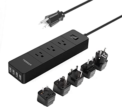 TESSAN 3 Outlets Surge Protector Travel Power Strip with 4 USB Ports Charging Station 5 Ft Cord   Asian& Europen Travel Outlet Plug Adapter Set(EU/UK/Italy/HK/Germany/France/Australia/Japan/China/PH)