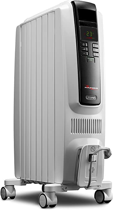 De'Longhi Oil-Filled Radiator Space Heater, Quiet 1500W, Adjustable Thermostat Timer, Energy Saving, Safety Features, Nice for Home with Pets/Kids, Light Gray