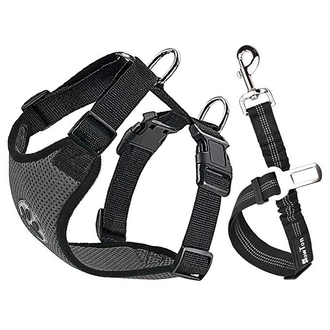 Slowton Dog Car Harness Plus Connector Strap, Multifunction Adjustable Vest Harness Double Breathable Mesh Fabric with Car Vehicle Safety Seat Belt