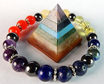 CHAKRA PYRAMID STONE w/ 7 Chakra Stones and Natural Stone Charka Bracelet Combo, With Beverly Oak's Exclusive Certificate Of Authenticity & Lucky Gold Pirate Coin (COA and Bonus)