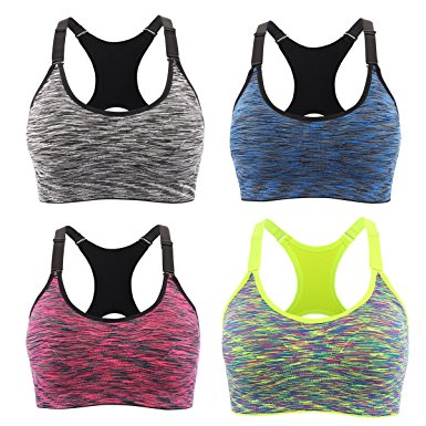 Srizgo Sports Bra Pack of 4 Padded Seamless Bras High Impact Push Up for Yoga Fitness Exercise (Grey Blue Red Yellow)