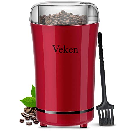 Veken Coffee Grinder Electric Spice & Nut Grinder with Stainless Steel Blade, Detachable Power Cord Coffee Bean Grinder for Coffee Grounds, Grains, 12 Cups (Red)