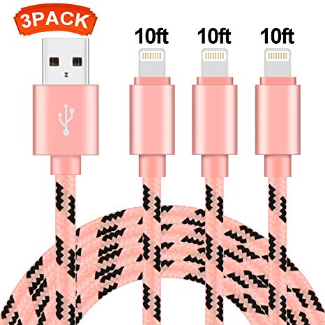 TAIKON Phone Cable 3Pack 10FT Nylon Braided USB Charging & Syncing Cord Compatible with iPhone X iPhone 8 8 Plus 7 7 Plus 6s 6s Plus 6 6 Plus iPad iPod Nano (Black Pink)