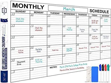 Jumbo Dry Erase Monthly Wall Calendar 48" x 36" Large Reusable Schedule Planner Includes 4 Quality Markers 1 Big Eraser and Mounting Tape