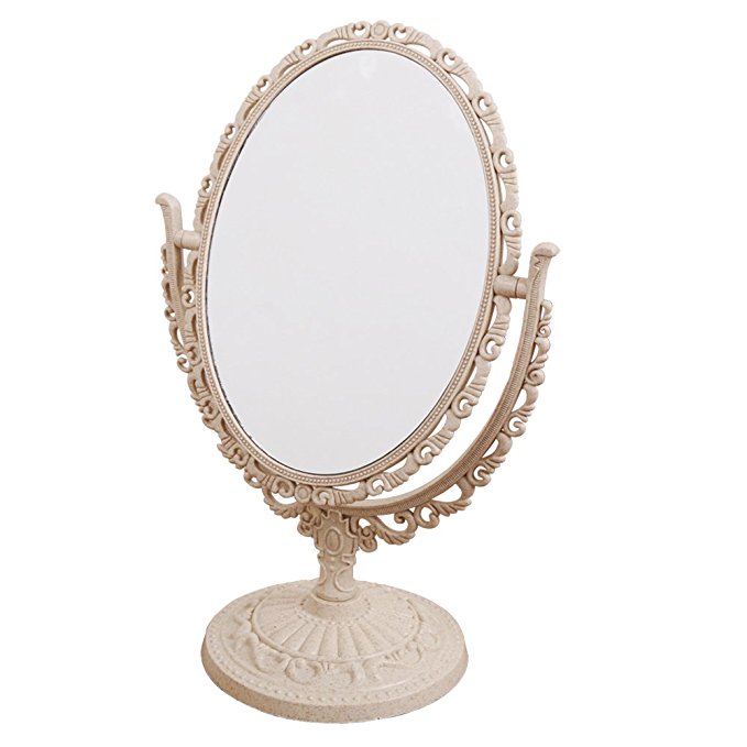 XPXKJ 7-Inch Tabletop Vanity Makeup Mirror with 3X Magnification, Two Sided ABS Decorative Framed European for Bathroom Bedroom Dressing Mirror (Table- Oval)