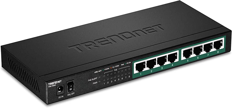 TRENDnet 8-Port Gigabit PoE  Switch, 120W PoE Power Budget, 16Gbps Switching Capacity, IEEE 802.1p QoS, DSCP Pass-Through Support, Fanless, Wall Mountable, Lifetime Protection, Black, TPE-TG84