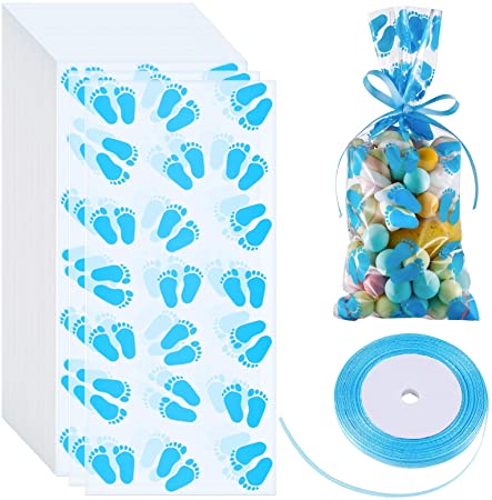 100 Pieces Baby Print Cellophane Treat Bags Baby Footprint Candy Bags Baby Shower Party Favor Bags with Ribbons for Baby Shower Birthday Party Supplies (Blue)