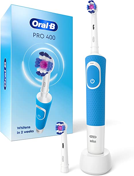 Oral B Pro 400 3D White Vitality Electric Toothbrush with (2) Brush Heads, Rechargeable, Blue (NEW Model)