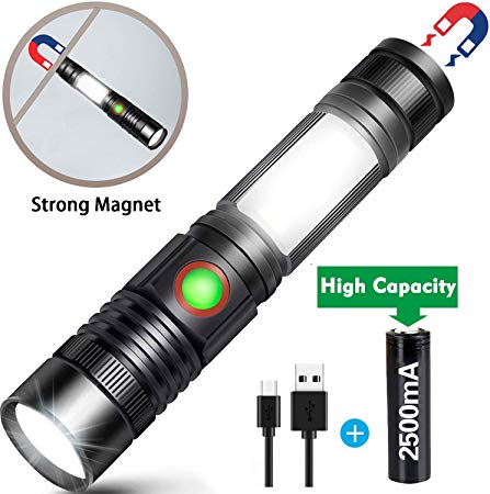 LED Flashlight USB Rechargeable Flashlight High Power COB Workshop Flashlights (Including 18650 Battery) Small Lightweight Walking Powerful Tactical Camping Flashlights for Outdoor Hiking Sports