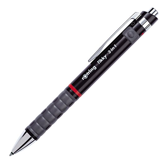 rOtring 1904360  Tikky 3-in-1 Mechanical Pencil / Ballpoint Pen / Highlighting Pen, 0.5 mm, Black Barrel, Black & Red Ink