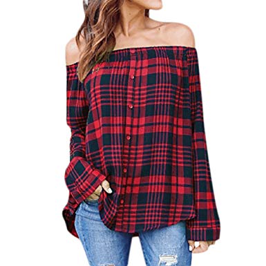 ZEFOTIM Clearance Sale Women's Plaid Sexy Off Shoulder Long Sleeve Single-Breasted T-Shirt Tops Blouse