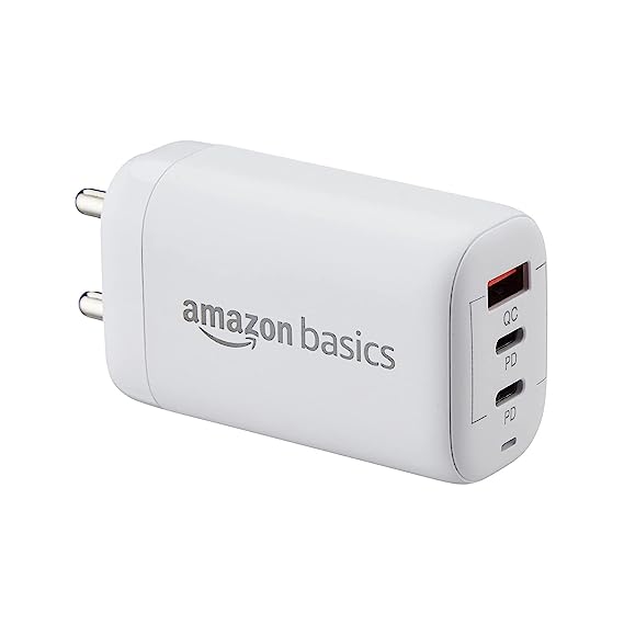 Amazon Basics 65W Triple Output GaN Charger for Mobile Phones, Laptops | Triple Output, 2 Type-C   1 USB-A | for iPhone 14/13/12 Series, OnePlus 11/11R/10/9/9T/9R/Nord, MacBook Air/Pro, Galaxy Series