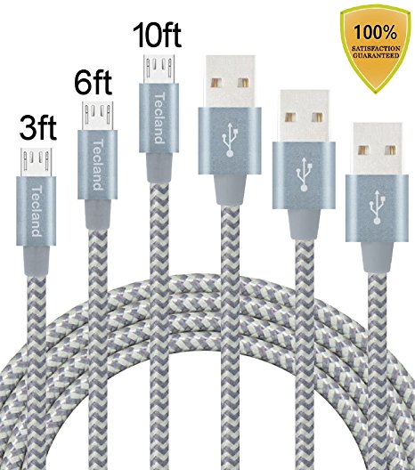 Tecland 3Pack 3FT 6FT 10FT USB Cable Nylon Braided Samsung micro USB cable/charging cord - Sync and Charge for Android Devices, Galaxy, Sony, Motorola and More (Gray)