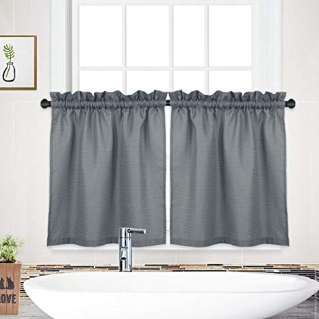 NANAN Tier Curtains,Waffle Woven Textured Short Window Curtain for Bathroom,Waterproof Half Window Kitchen Cafe Curtains - 30" x 24", Grey, Set of 2