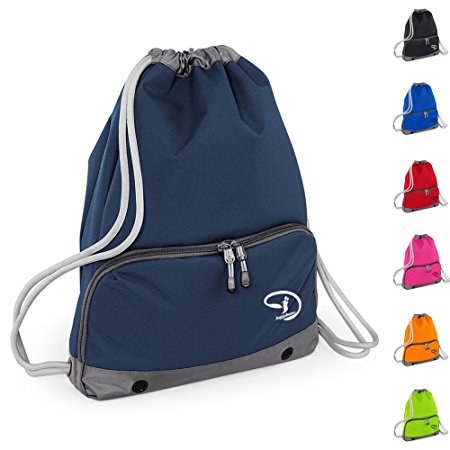 Good Quality Gym Bag - Swim Bag - Drawstring Backpack - Waterproof - Strong stitching and thick cords - Handy zipped wet pocket and shoe compartment - Suitable for Adults and Kids, Holiday, Swimming (Navy Blue)