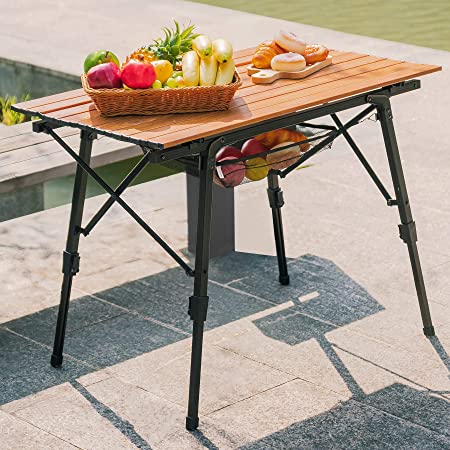 Rolife Folding Camping Table, Outdoor Picnic Table, Portable Lightweight Aluminum with Mesh Layer & Roll-Up Desktop, Wood Grain