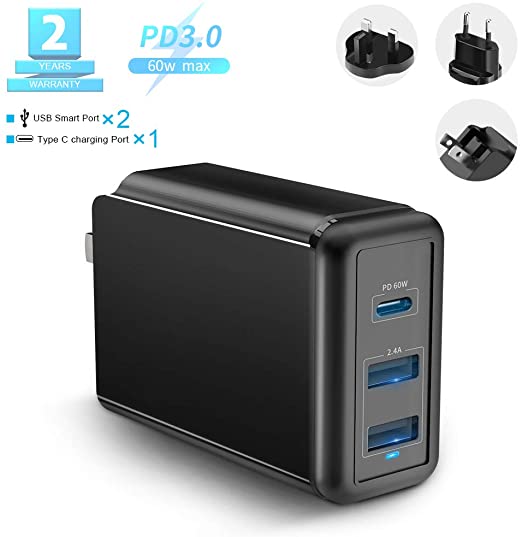 USB C Charger, Rocketek 60W 3-Port Power Delivery Charger with Type C PD Charger for Mac Book Pro/Air,iPad Pro,Dell,Lenovo, Phone11/Pro/Max/XR/XS/X,Galaxy,Pixel and More
