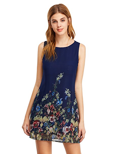 Romwe Women's Floral Print Sleeveless Summer Loose Mini Dress